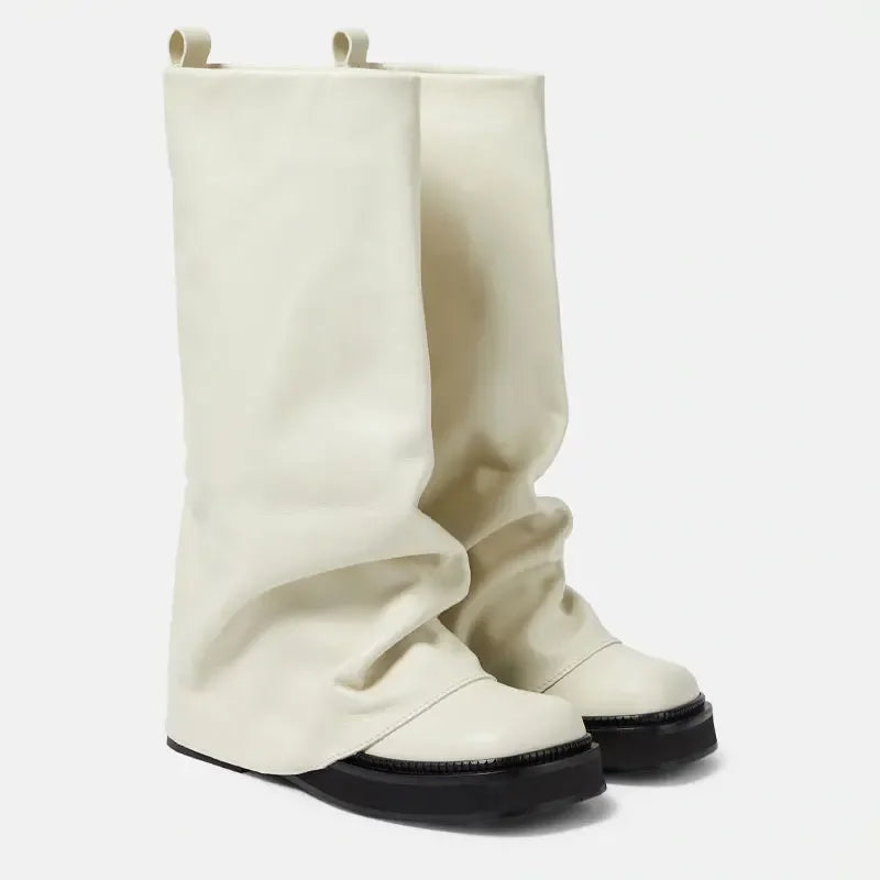 Women's Chunky Leather Flats & Knee Boots - Square Toe Loose Fit Spring-Autumn Casual Shoes with Pleated Pants