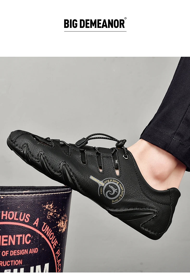 Men's slippers flat bottomed beach breathable genuine leather business casual non slip lightweight hollow out outdoors sandals