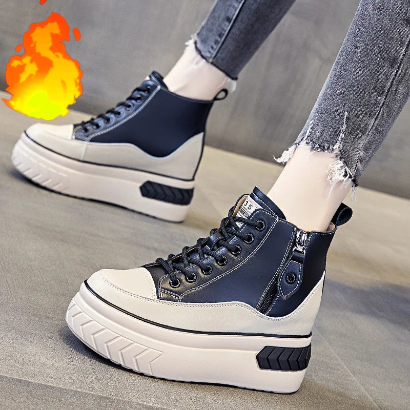 High Top Women Shoes Genuine Leather 8cm Platform Boots Ankle Wedge Hidden Heel Zip Autumn Warm Fur Winter Shoes Sneakers