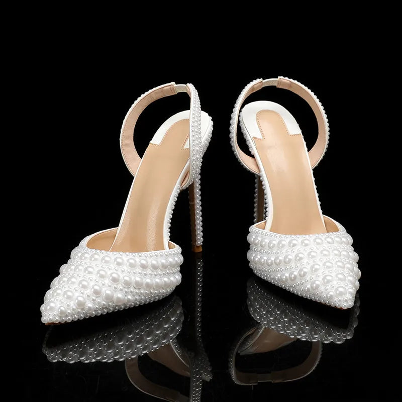 Luxury Handmade Full Pearls Wedding Women Pumps Elegant Pointed toe Slingbacks high heels Fashion Summer Party Bridal Shoes