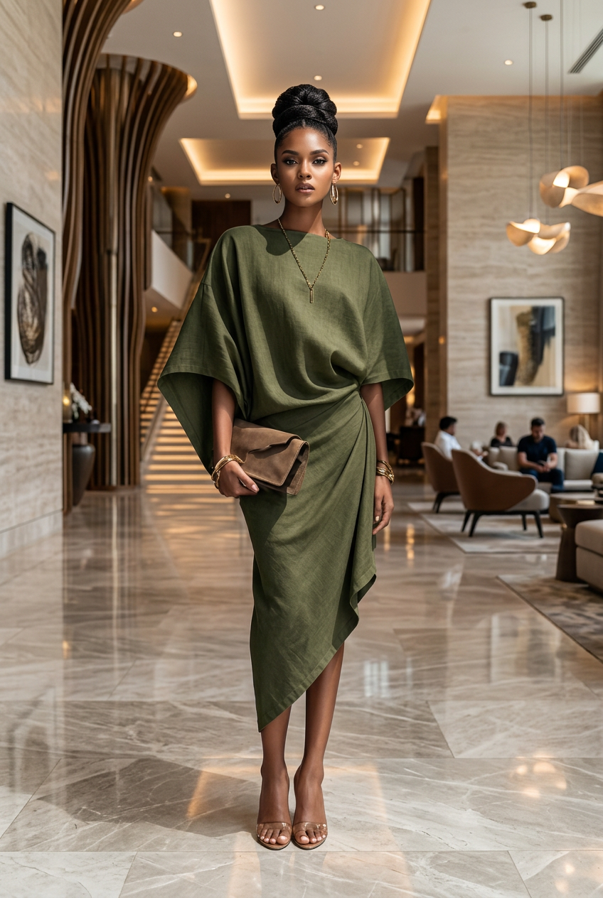 AFANADOR Elegant Women Linen Dress Batwing Sleeve Draped Wrap Design Asymmetrical Midi Dress Loose Fit Summer Office Evening Party Outfit