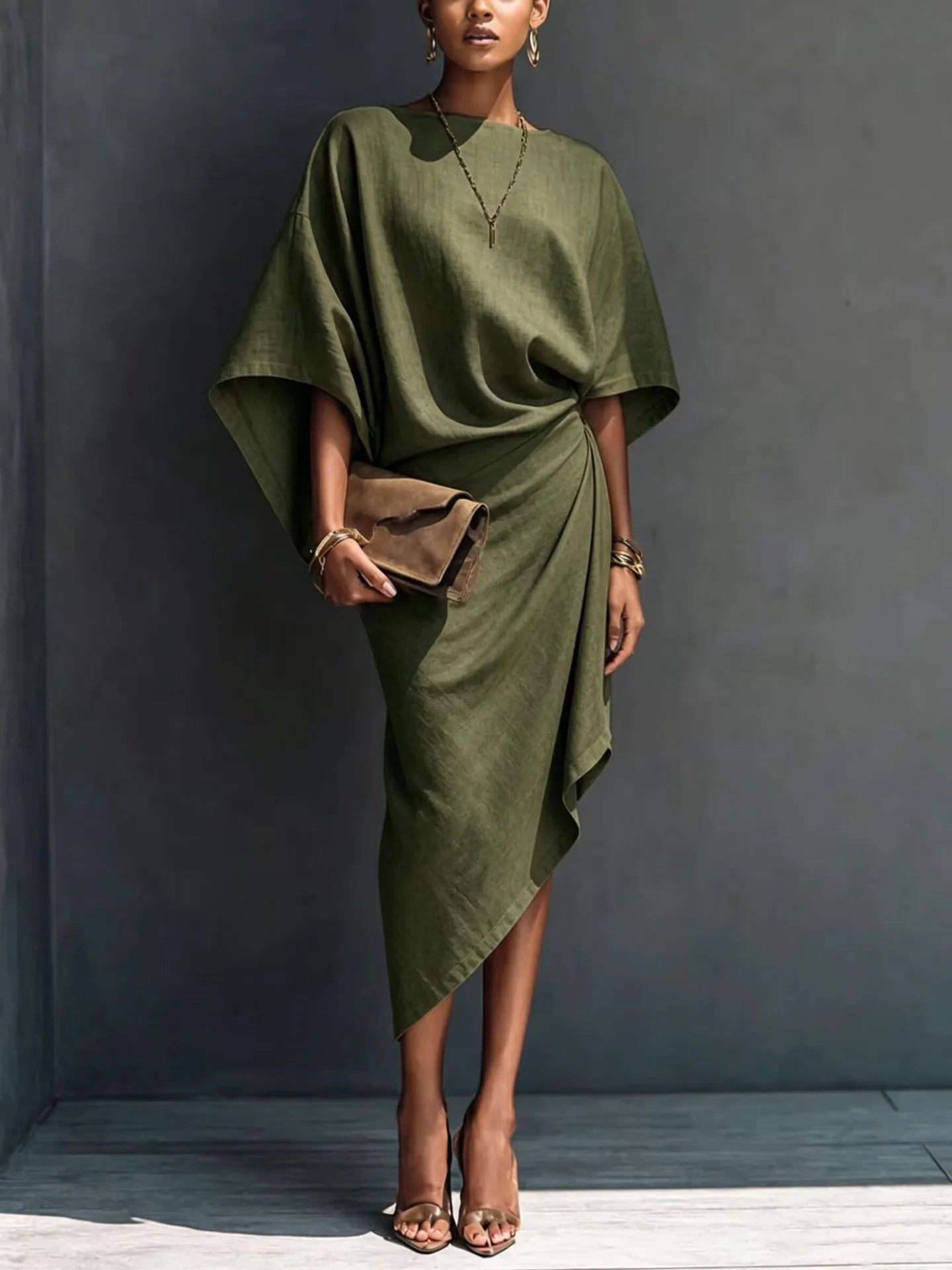 Elegant Women Linen Dress Batwing Sleeve Draped Wrap Design Asymmetrical Midi Dress Loose Fit Summer Office Evening Party Outfit