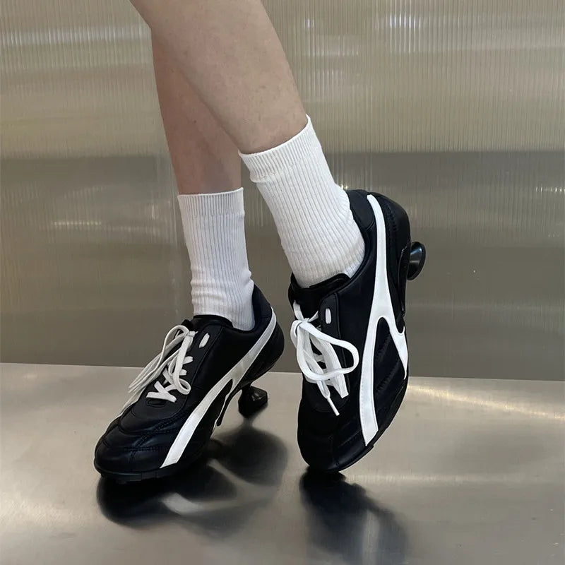 Ins style Fashion Mixed-color Patchwork Soft Leather Women High heels sneakers Autumn Winter Casual Lace-up Novelty Sporty Shoes
