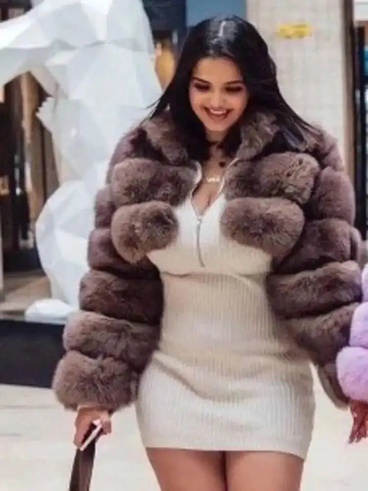 DEAT Fashion Women's Faux Fur Coat Stand Neck Long Sleeve Zipper Short Solid Color Thick Warm Jackets Winter 2024 New 7AB6434