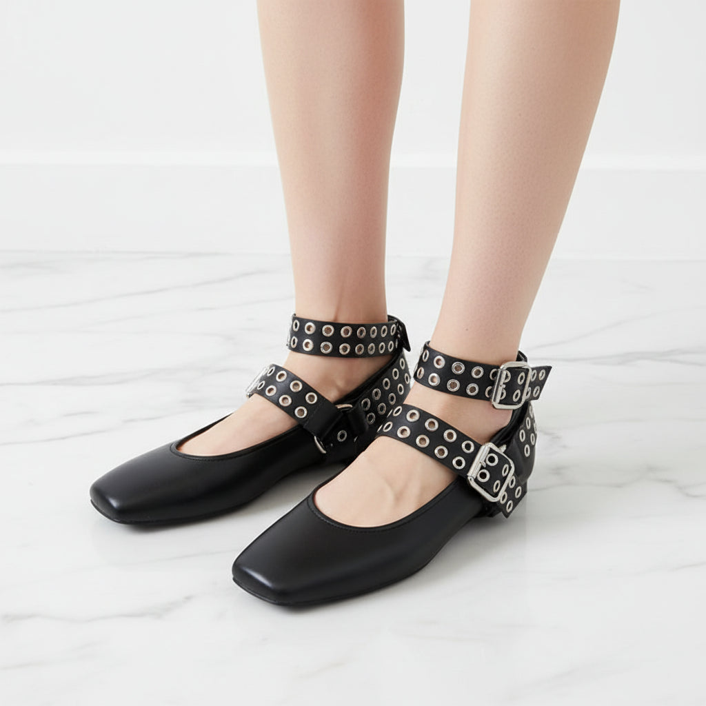Fashion Square toe Rivet Metal buckle Women Ballet Flats Comfortable Soft Leather Mary Janes Boats Loafers Casual lazy Shoes
