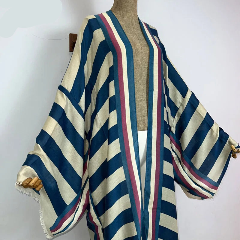 WINYI Kimono Africa Summer Boho Stripe Print Beach Swimwear Elegant Cardigan Sexy Holiday Maxi Beach Wear Swimsuit Evening Dress