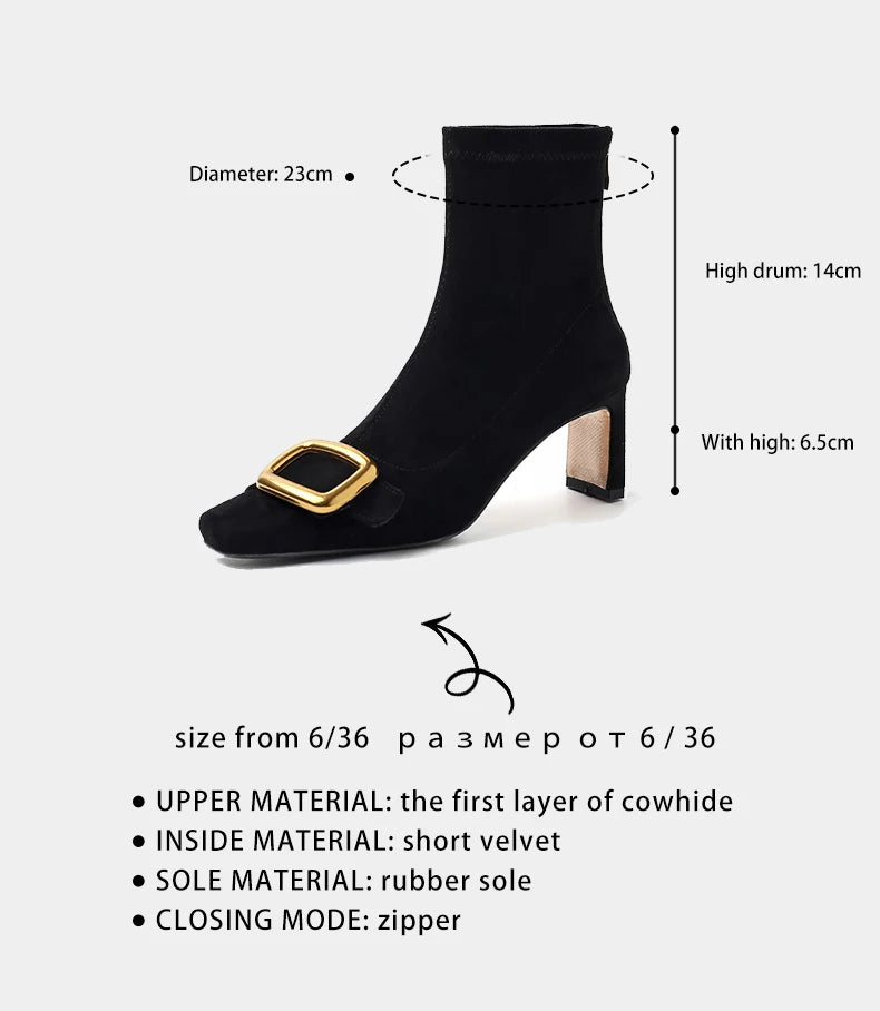 Ods Personalized Low-heeled Fashion Boots for Fall/winter New Pointed Metal Square Buckle Back Zipper Stretch Thin Ankle Boots42