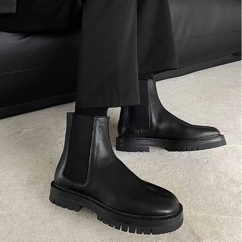 Genuine leather Split-toed Boots Mid-tube Chelsea Boots Men's and Women's Couples High-top Set of Split-toed Leather Shoes