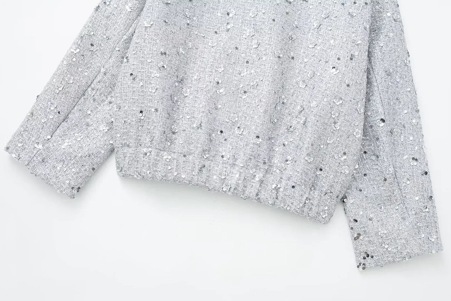 Women's Sequined Bomber Jacket Fall New Round Neck Long Sleeve Pocket Stretch Hem Sequins Jacket Coat Female Chic Outerwear