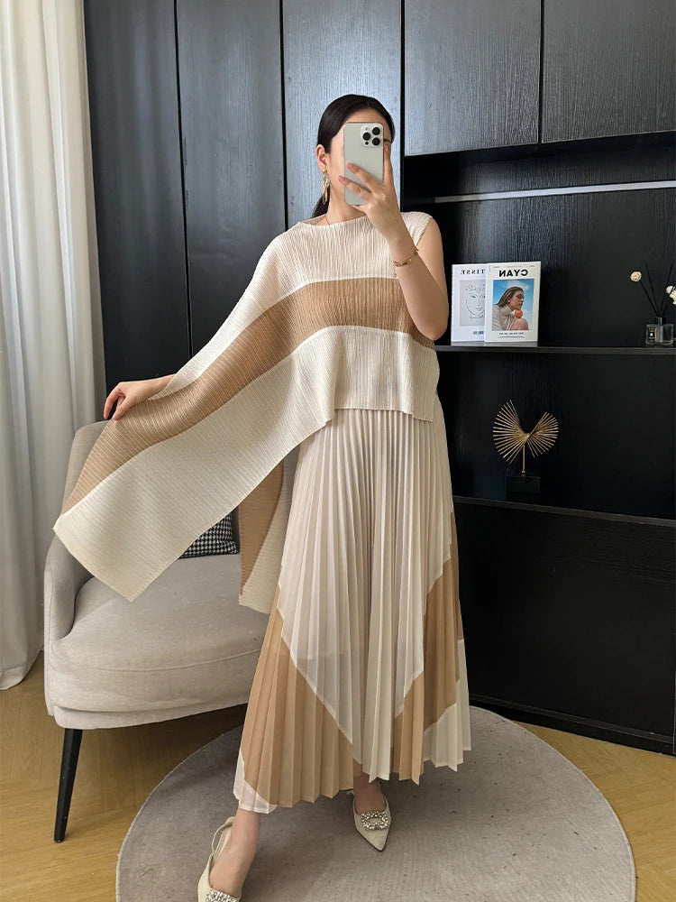Miyake Pleated Two Piece Skirt Sets Women Sleeveless Irregular T-shirt Long Contrasting Color Skirt