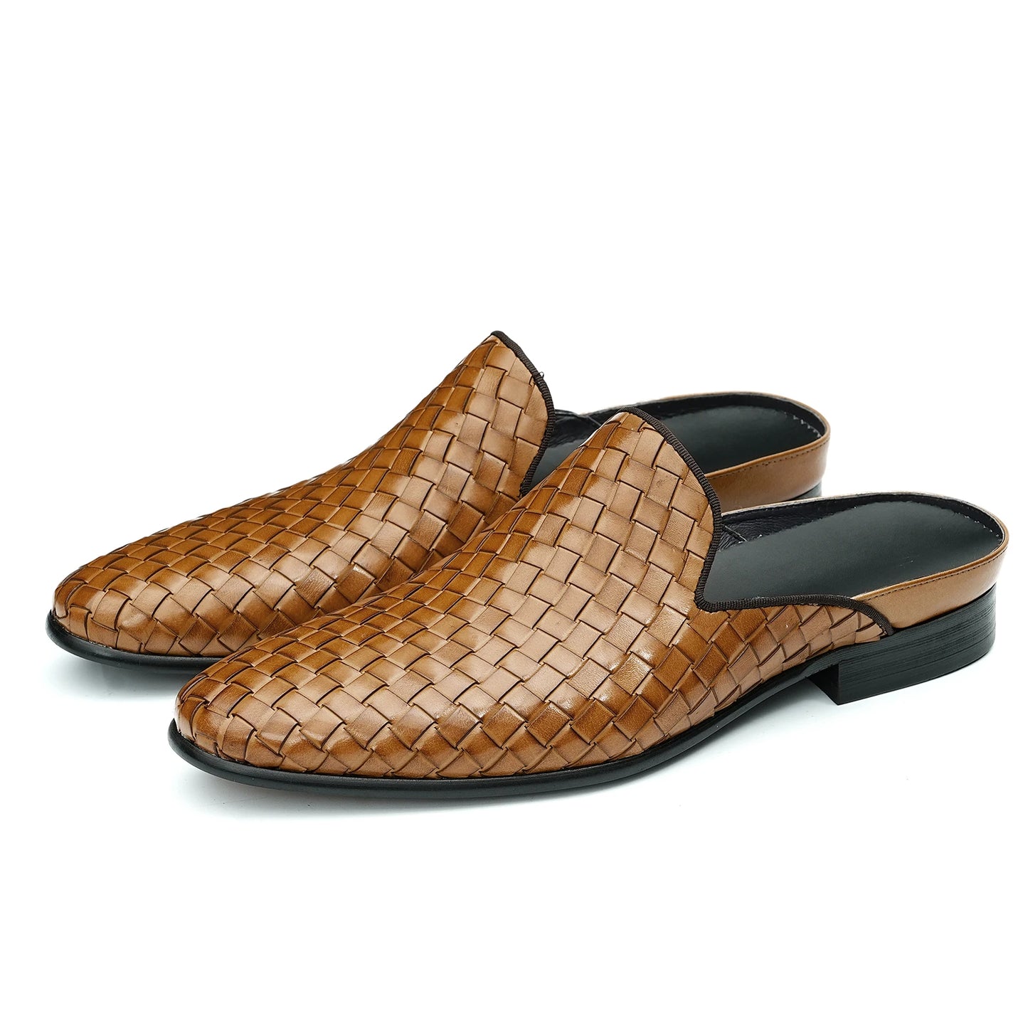 Mens Genuine Leather Slip On Sandals Summer Breathable Open Back Loafers No Heel Cowhide Weaving Slides