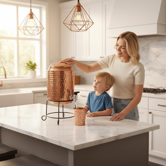 100% Pure Copper Eco-Friendly American Style Water Dispenser Lid 3.5 Gallon XL Capacity Metal Drinkware