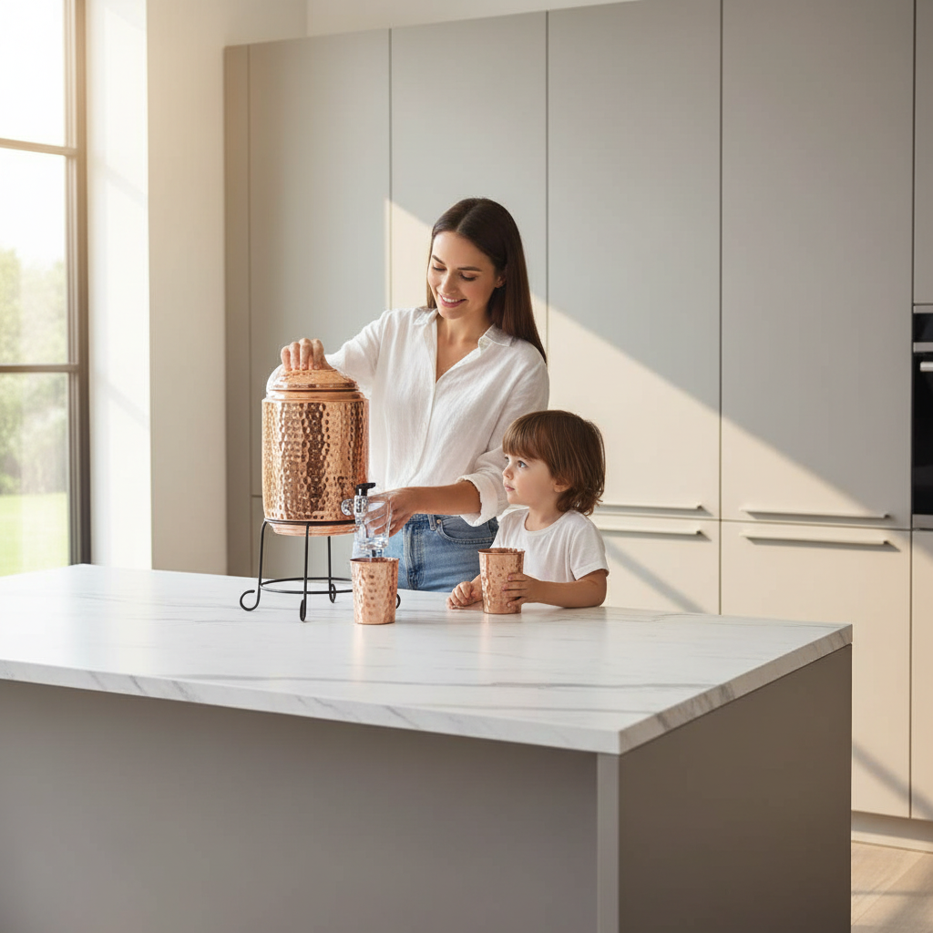 100% Pure Copper Eco-Friendly American Style Water Dispenser Lid 3.5 Gallon XL Capacity Metal Drinkware