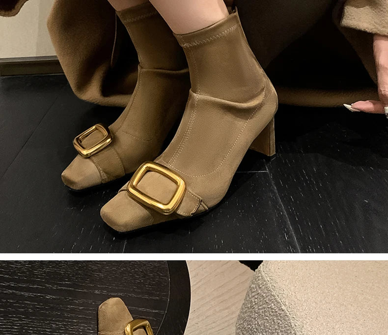 Ods Personalized Low-heeled Fashion Boots for Fall/winter New Pointed Metal Square Buckle Back Zipper Stretch Thin Ankle Boots42