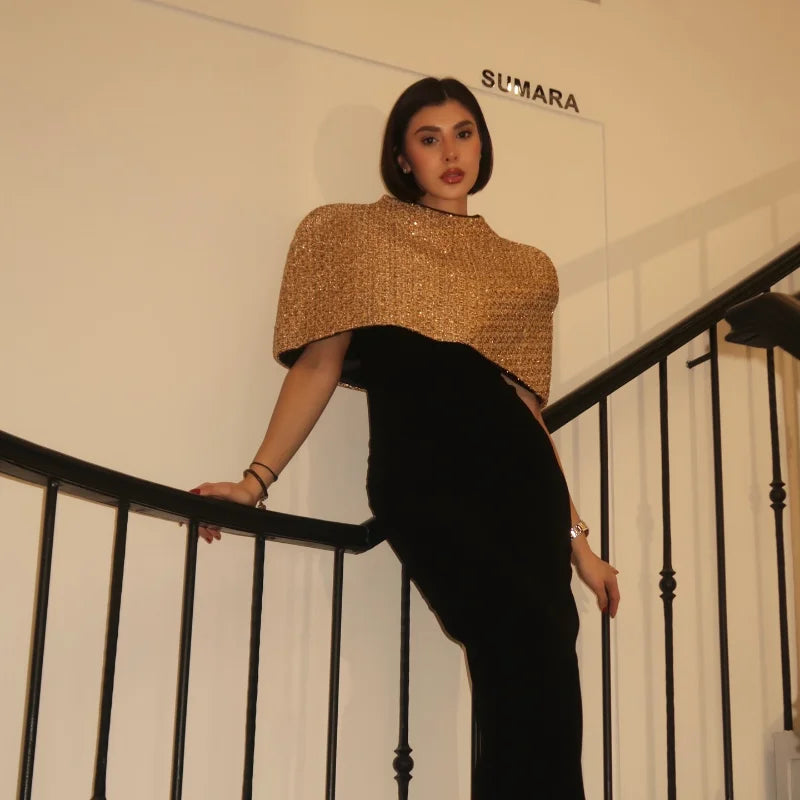 Elegant Chic Gold Sparkle Capelet Top Shiny Tweed Shoulder Wrap Turtleneck Short Cloak New Lady Evening Club Party Tops 2026