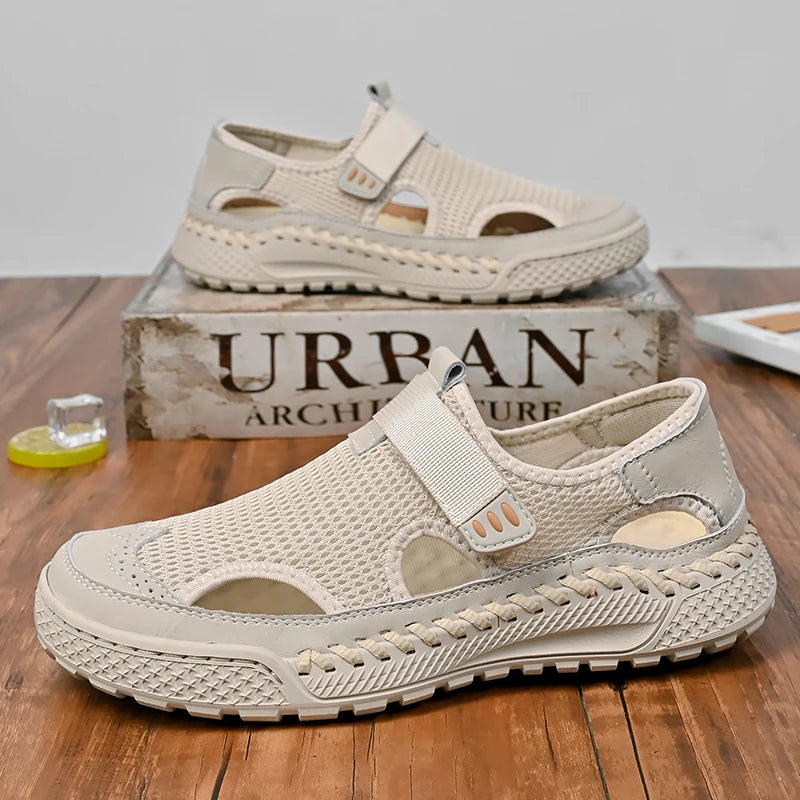Brand Mesh Leather Men Summer Loafers Breathable Driving Shoes Moccasins Hollow Out Male Cool Lazy Shoe Leisure Walk Men Sandals