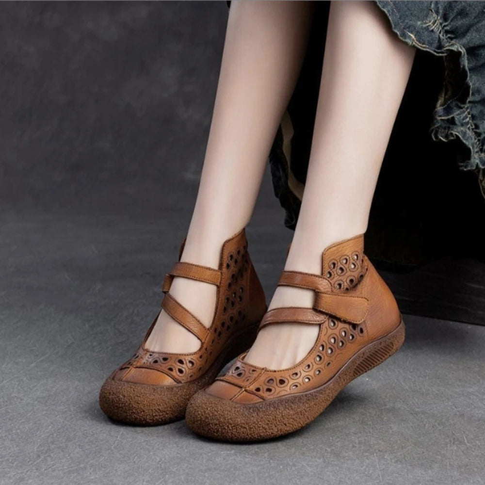 2026 Summer Retro Handmade Women's Shoes Genuine Leather Soft Bottom Mom Sandals Cowhide Hollow Out Casual Sandal Boots
