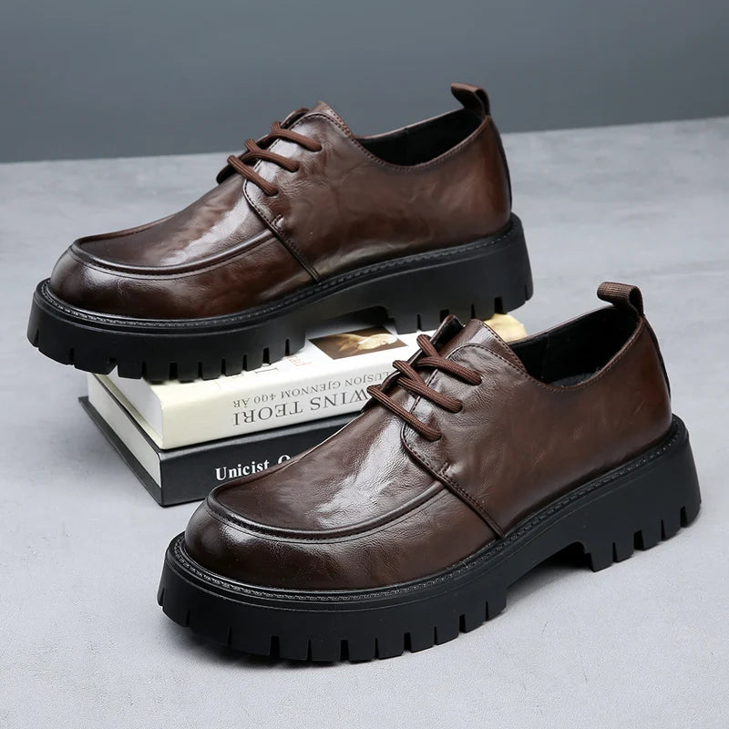 Men's Fashion Genuine Leather British Style Thick Bottom Work Shoes Classic Lace Up Comfortable Anti Slip Big Head Leather Shoes