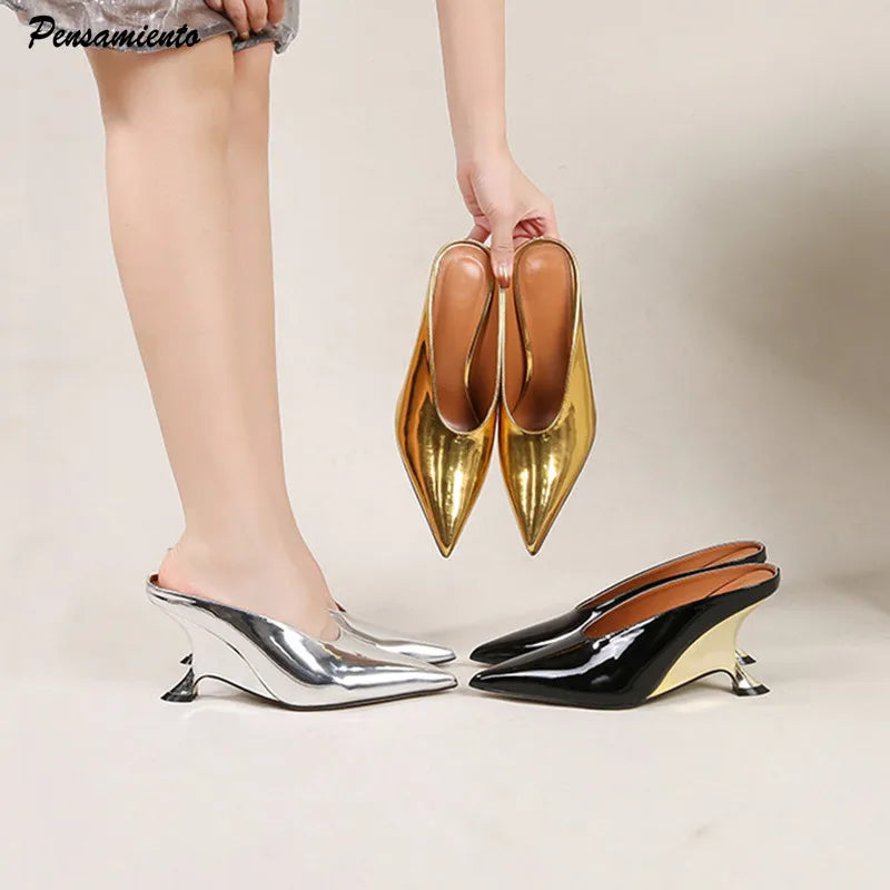 2024 New Design Fashion  Platform Wedges High Heels Mule Women Slippers Concise Shallow Pointed Toe Party Dress Ladies Shoes