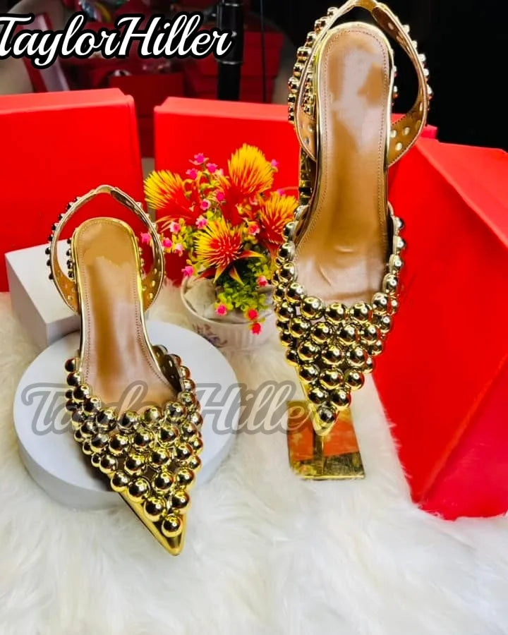 Golden Silver Ball Decor Heeled Sandals Slingback Women Pull On Slip On Shoes Pointy Toe Luxury Studded Metallic Luster Heels