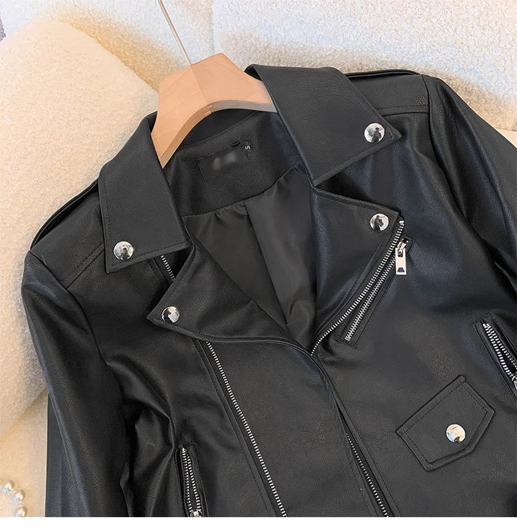 Blue PU leather jacket for women's spring autumn short Street style 2025 new retro motorcycle Leather Coat top