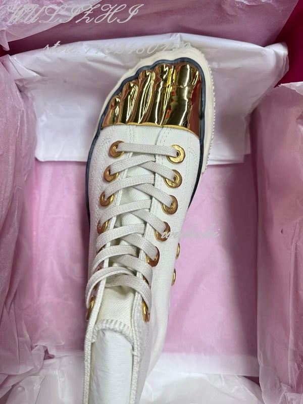 Gold Metal Glossy Five Finger Sneakers Women Lace Up Flats Sports Patchwork Casual Buckle Office Lady Design Catwalk Spring Shoe