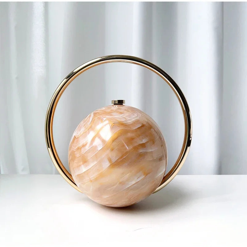  Designer Electroplating Circular Handle Handbag,Sphere Evening Elegant Clutch Purse,Women Fashion Marble Pattern Tote Bag