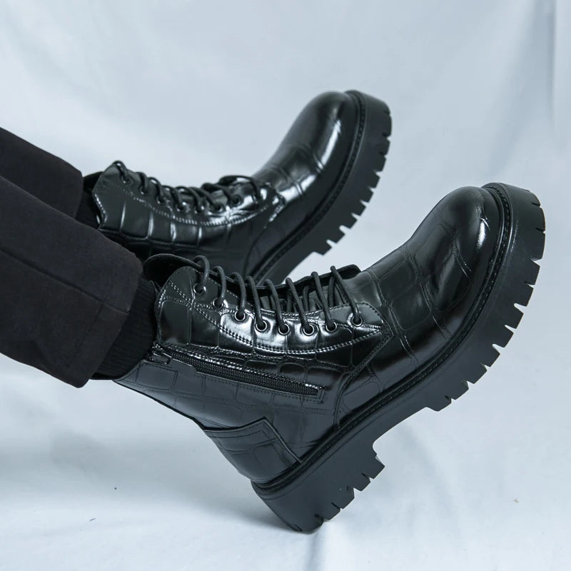 Luxury Brand Men's Autumn and Winter Crocodile Leather Side Zipper High Top Boots Fashionable New Men's Comfortable Short Boots