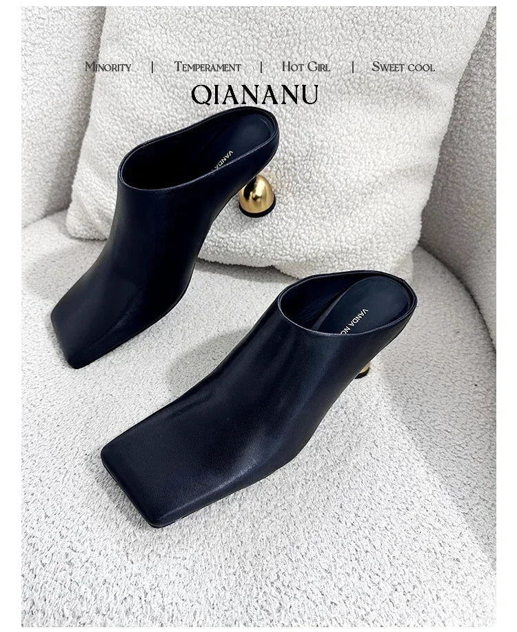 Retro Square Headed Wine Glasses and Slippers for Women in Summer 2025, New Style for Wearing Half Drag High Heels for Women
