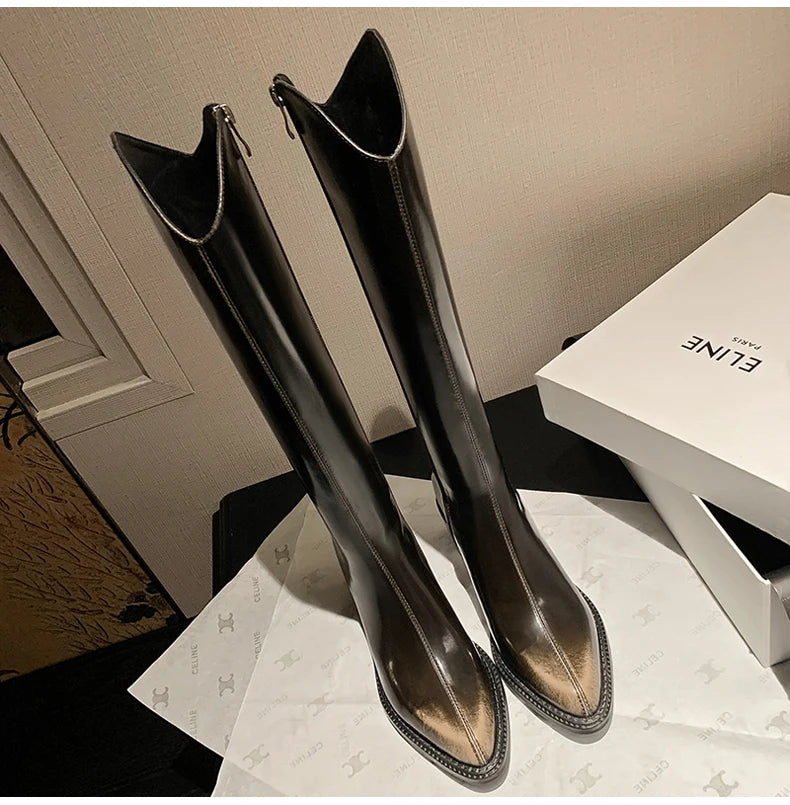 Ods New Women Genuine Leather Pointed Toe Knee High Boots Black White Brown Side Zipper Female Shoes Thick Heel Plus Size 42