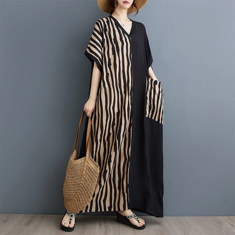 Long V-Ne ort Sve Printed Slimming Cotton Linen Dr Color Blo Casual Loose Fit Summer Faion plus Size Women