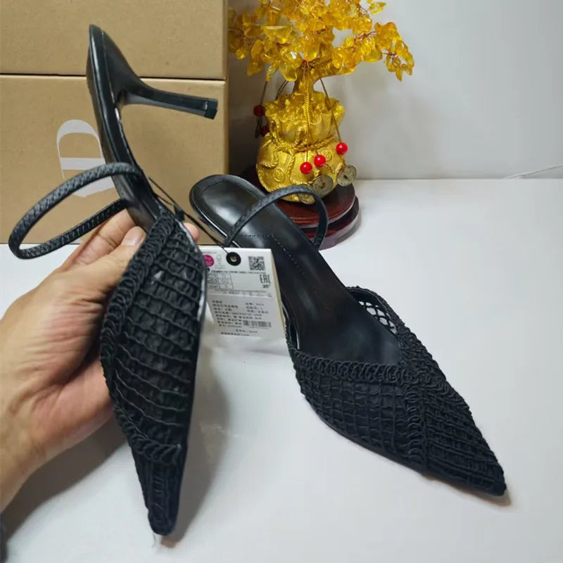 Ins style Fashion Weave Hollow out Women Pumps Summer Fashion Slingbacks Office Lady Thin High heels Elegant Party Prom Shoes