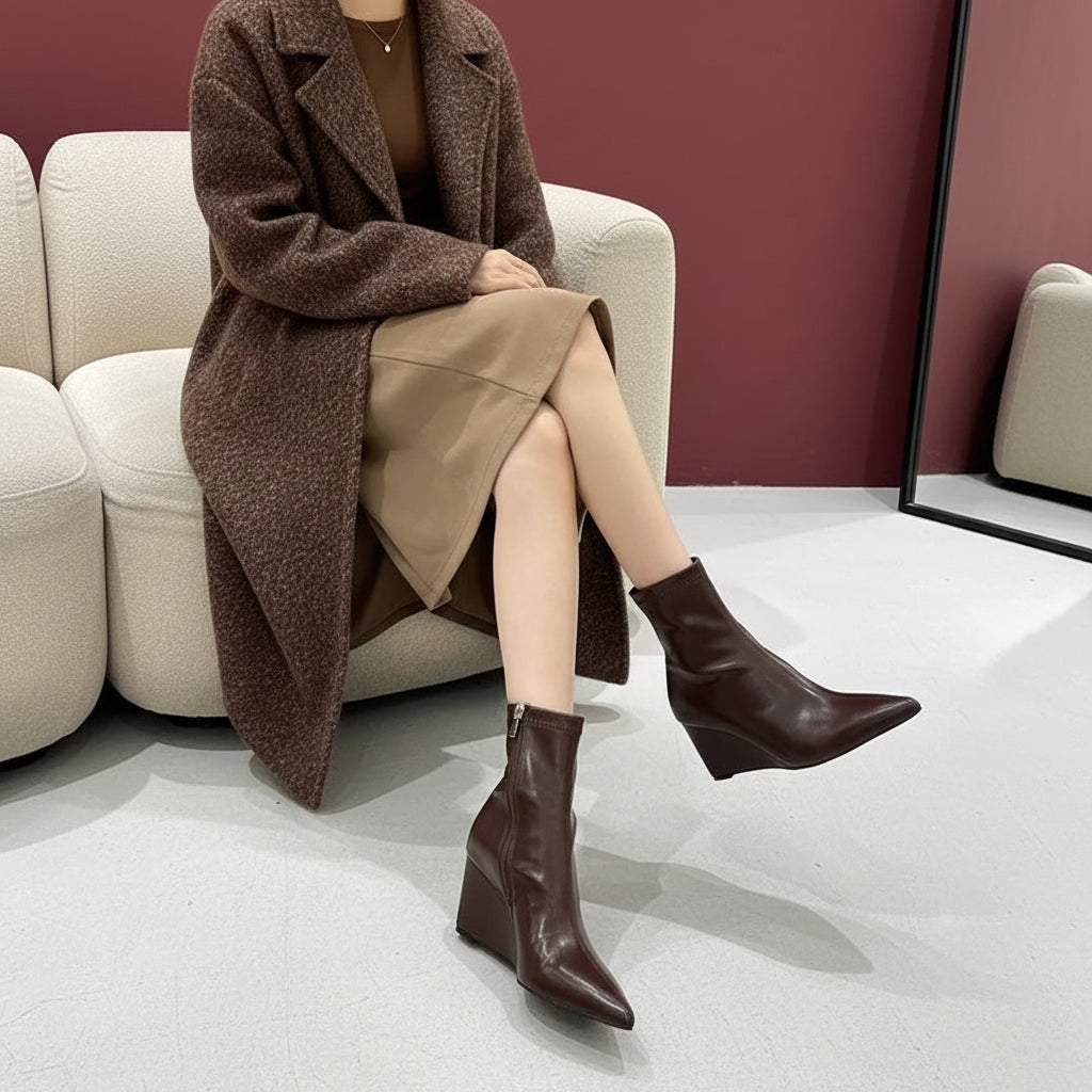 Autumn Winter Vintage Patent Leather Wedges Women Ankle Boots Fashion Pointed toe High heels Female Chelsea Short Boots Shoes