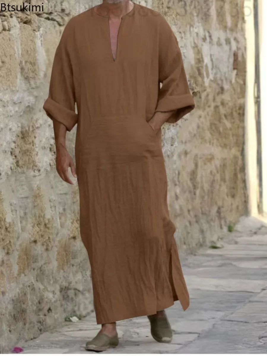 New 2026 Men Cotton Linen Long T-shirts Muslim Solid Casual Abayas Men Jubba Thobe Kaftan Arab Islamic V-neck Long Sleeve Robes
