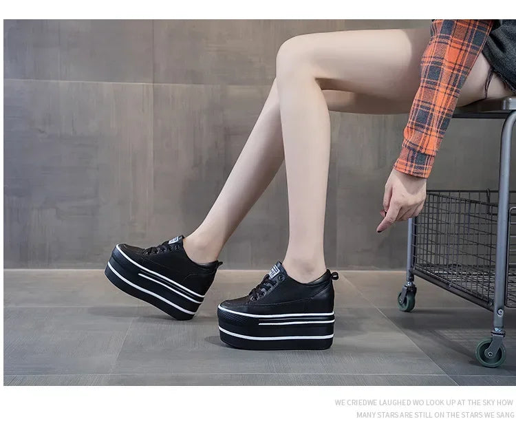 Fashion 10.5cm High Thick Heel Platform Flats Women Casual Shoes Genuine Leather Soft Quality Casual Shoe Sneakers White Black