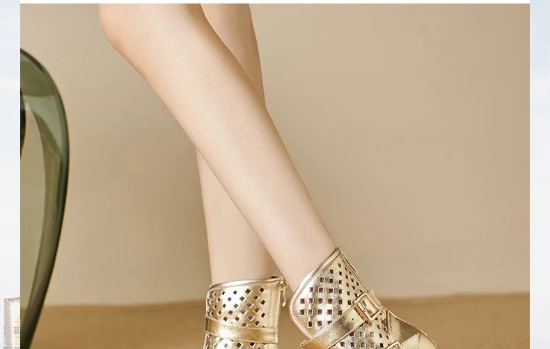 Sexy Brand Luxury Gold Gladiator Sandals Platform Beige Summer Mesh Grid Ankle Boots Roman Sandals For Woman Genuine Leather
