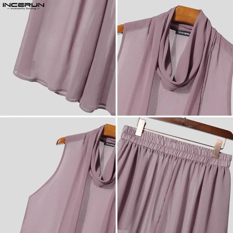 INCERUN Men's Sets Solid Chiffon See Through Sleeveless Irregular Tank Tops Pants Two Piece Sets Oversize 2026 Men Matching Sets