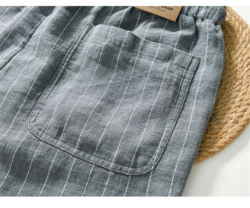 Summer cotton linen men's beach shorts loose fit breathable ramie striped straight daily causal pants for men