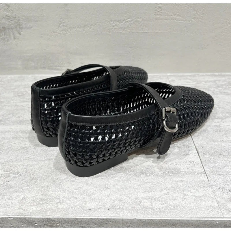 In style Fashion Summer Woven Women Ballet Flats Breathable Hollow out Mary Janes Leather Lazy Walking Loafers Girls Shoes