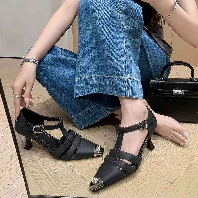 Elegant Genuine Leather Sandals Women T-Strap Metal Covered Toe Office Ladies Sandals Female Covered Back Sandals