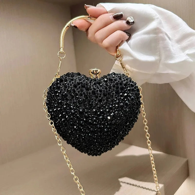 Luxury Diamond Inlay Heart Shape Crystal Clutch Purse Stones Evening Wedding Party Shoulder Bags Handle Rhinestone Mini Handbags