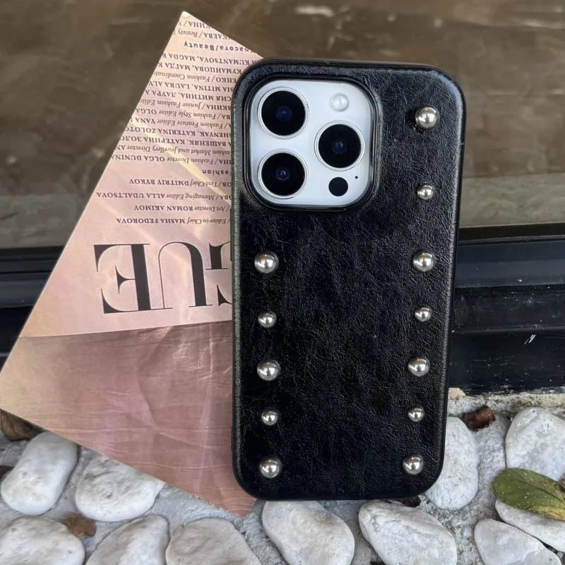 Chic iPhone case Personality Advanced Silver round Rivet Solid Color Leather Shock Proof Phone Cover for iPhone 17Promax 16 15 14 13 Pro Max Case