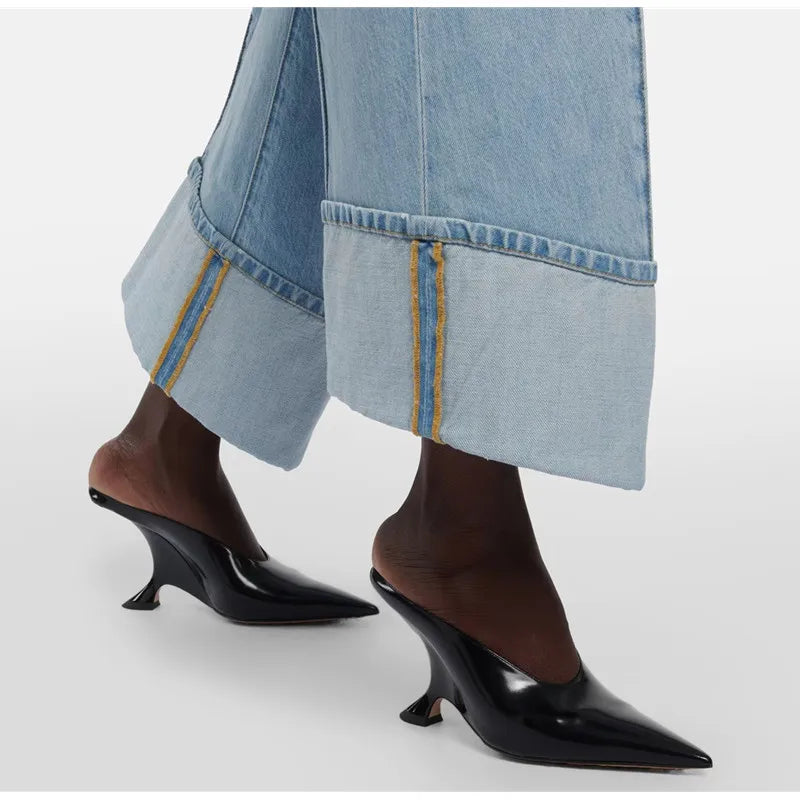 2024 New Design Fashion  Platform Wedges High Heels Mule Women Slippers Concise Shallow Pointed Toe Party Dress Ladies Shoes