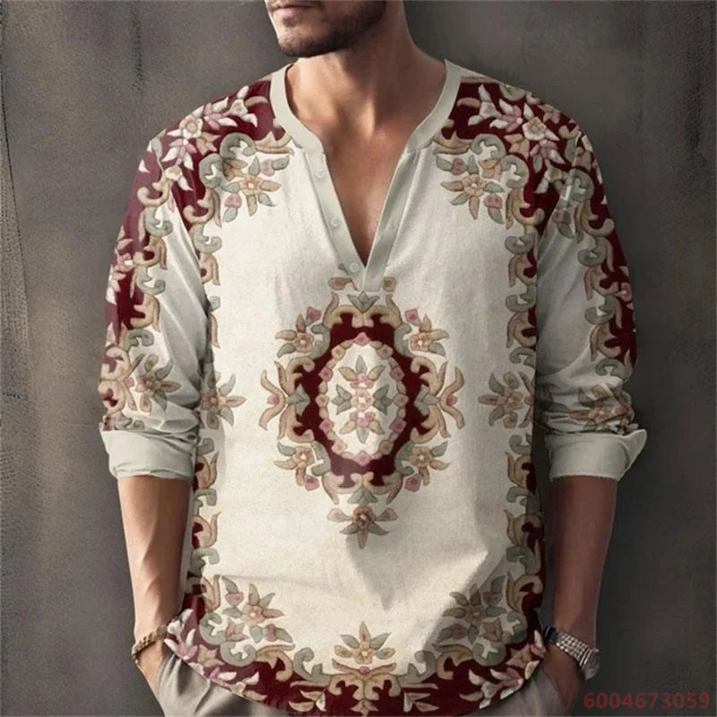 Men's Long-Sleeved Shirt with Retro Print, Stylish Design, Outdoor Casual Henley Collar, Loose Fit, Men's Vacation Top, XS-6XL.