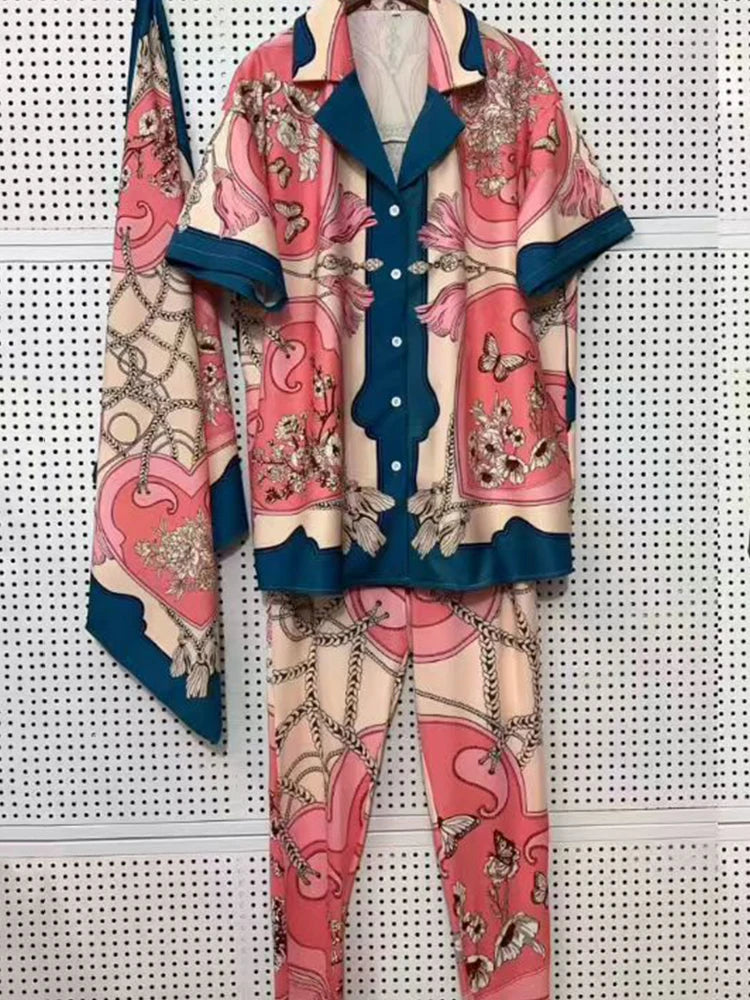 2026 women's retro geometric printed pajama style shirt two-piece set+elastic knitted cropped pants fashion set+scarf
