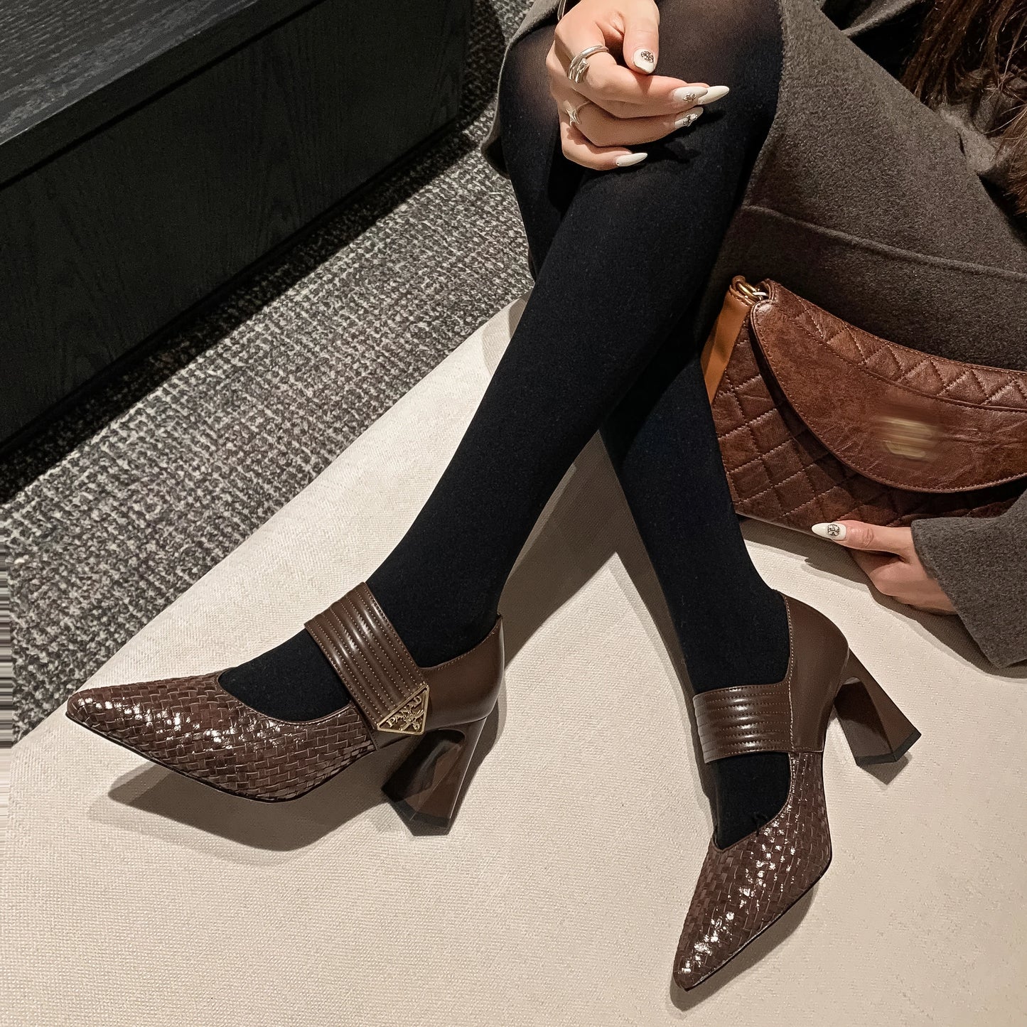 Aucegi Classic Chunky Hight Heels Woman Genuine Leather Woven Cow Suede Pumps Pointed Toe Elegant  Magic Paste Party Shoes