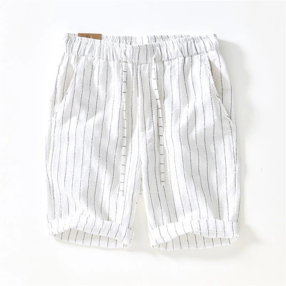 Summer cotton linen men's beach shorts loose fit breathable ramie striped straight daily causal pants for men
