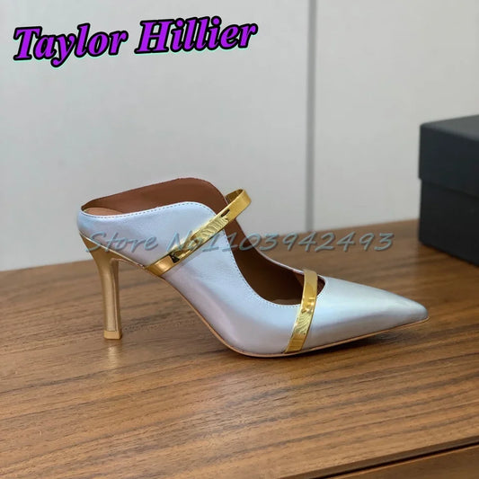 8.5CM Silver Heels Strappy Heeled Sandals Shallow Slip On Pull On Super High Heel Genuine Leather Sandalias Top Quality Size 41