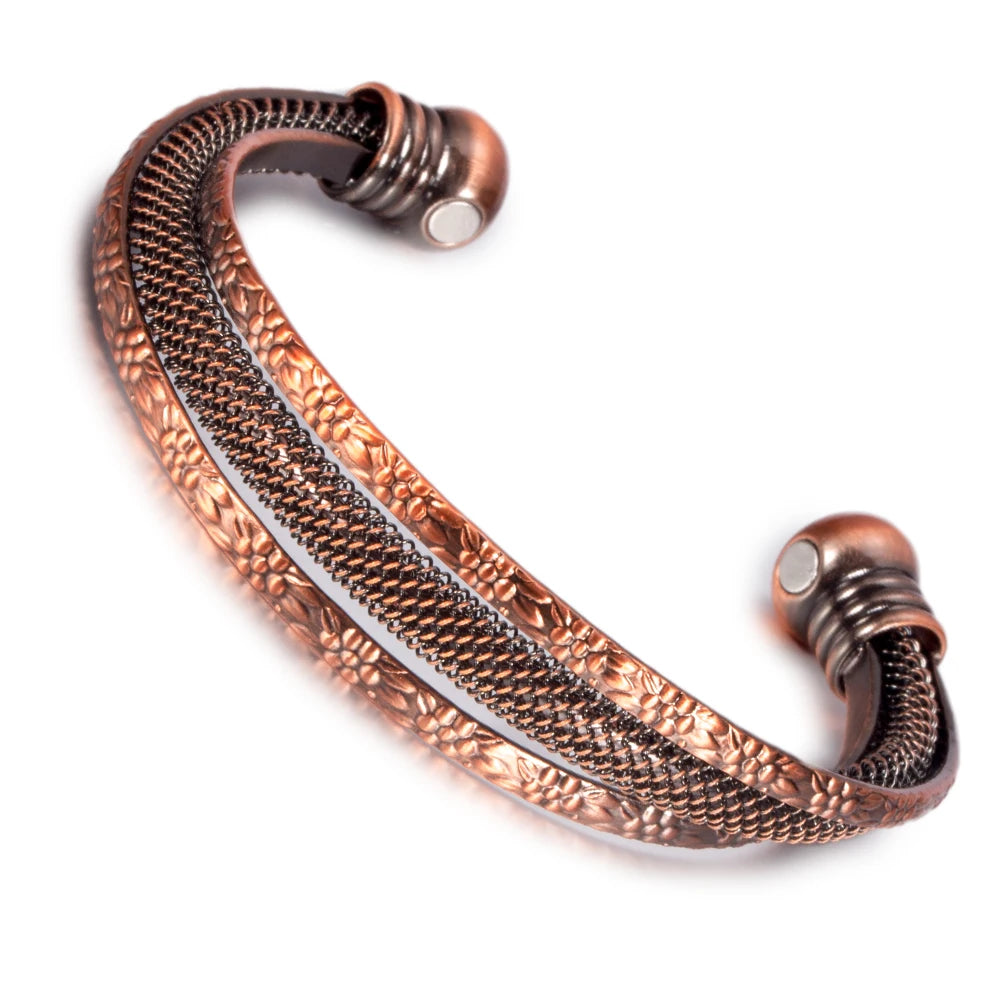 Vinterly Pure Copper Bracelets Magnetic Adjustable Open Cuff Vintage Flowers High Magnet Bangles Health Energy Jewelry Resizable