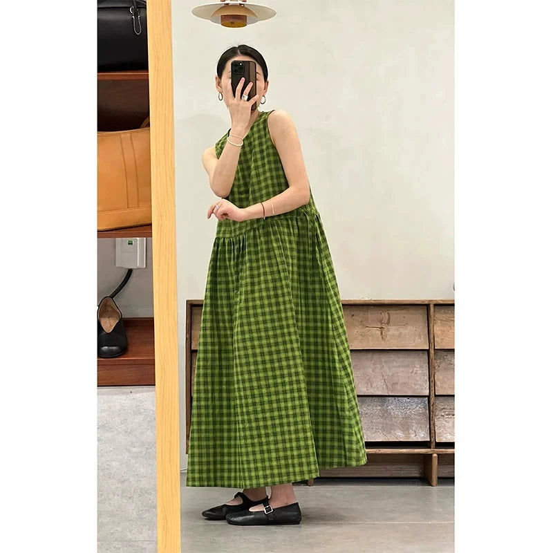Slimming Plaid Cotton Lin Svel Long Dr Women's plus Size Dstring Waist round Ne Vest Skirt Commute Sle Summer...
